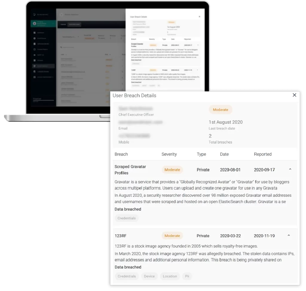 Breach detection 4 Un portátil y una tableta con el mismo contenido, colocados uno junto al otro sobre un escritorio.
