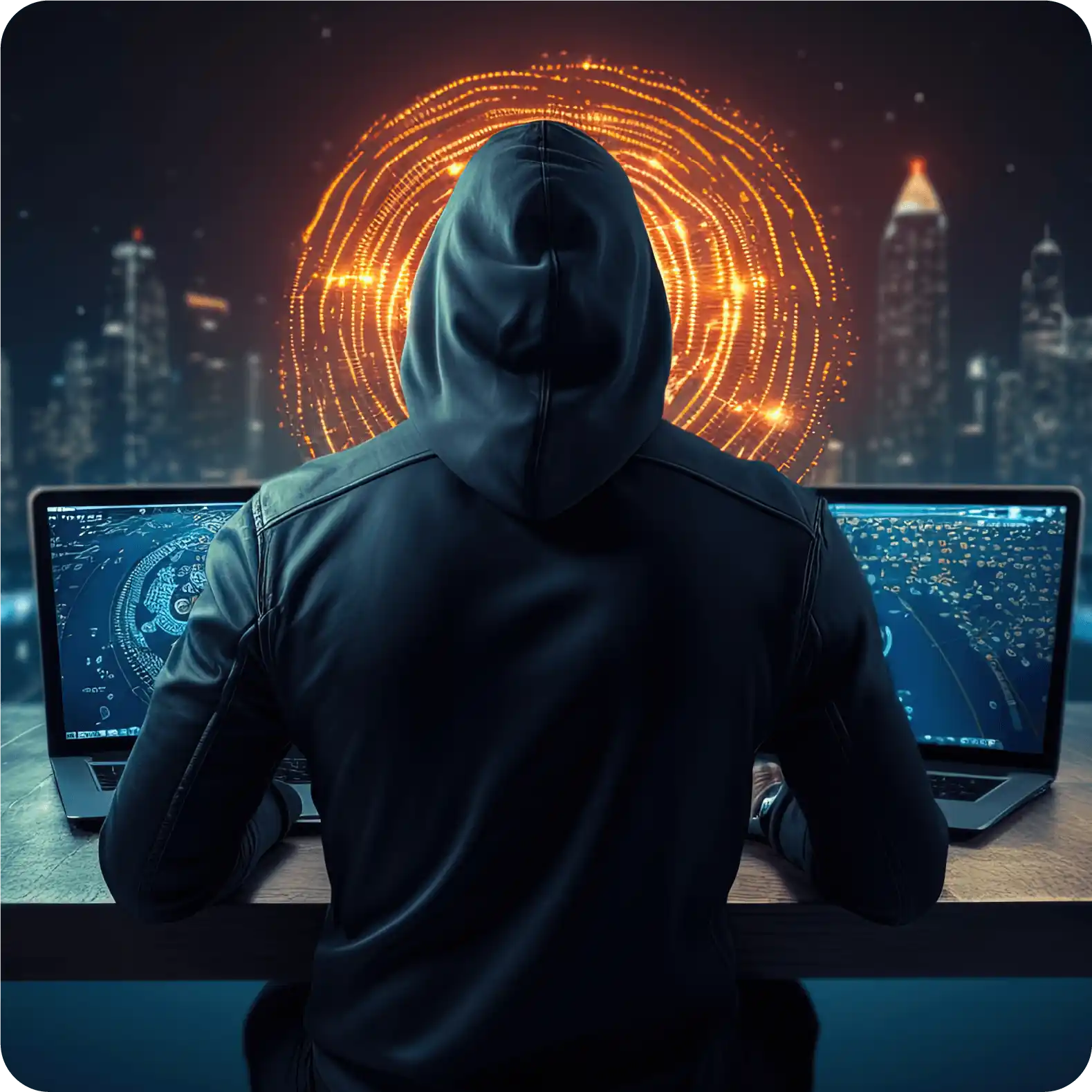A Man In A Hoodie Sitting At A Desk With Two Laptops