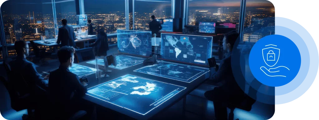 Cybersecurity partners matter for your business 1 An Office Full Of People Working On Futuristic Computers With Images Of The Globe On Said Computer&Apos;S Screen. To The Right Of The Image Theres An Icon Of A Padlock Inside Of A Shield Hovering Over A Hand.