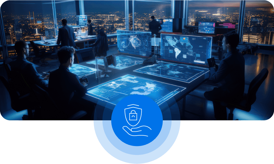 Icon Of A Shield With A Padlock On A Hand In White Within A Blue Circle.
