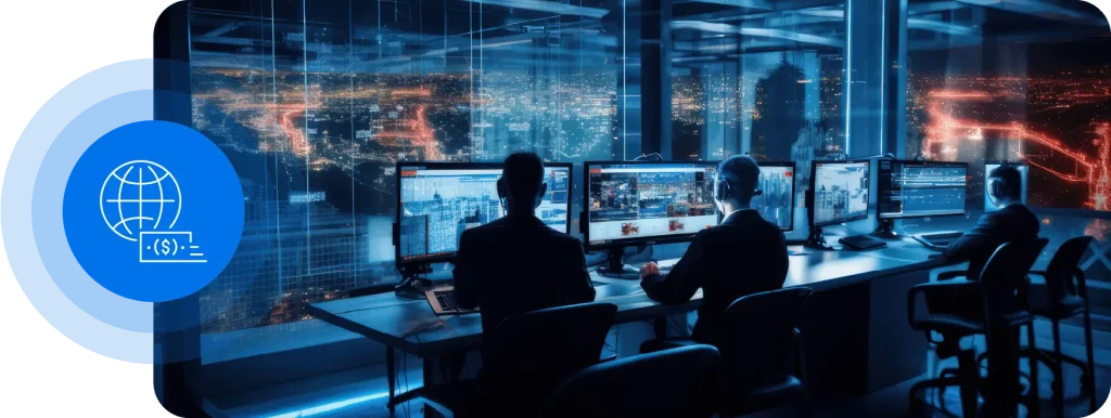 Cybersecurity partners matter for your business 3 A Futuristic Office Full Of People Working On Computers With Headsets On. To The Left Of The Image Is An Icon Of A Internet Globe With A Dollar Bill Flying Across It.