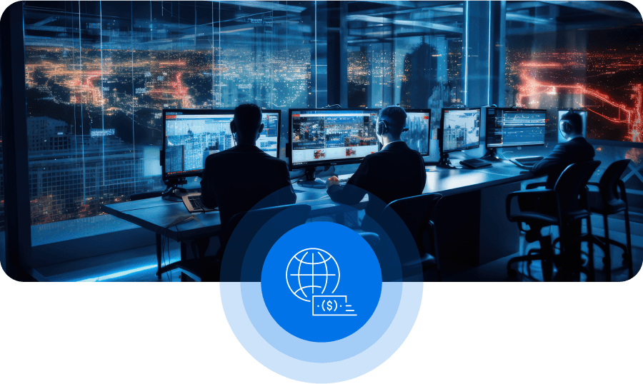 Icon Of A Globe And Currency Symbol In White, Within A Blue Circle.