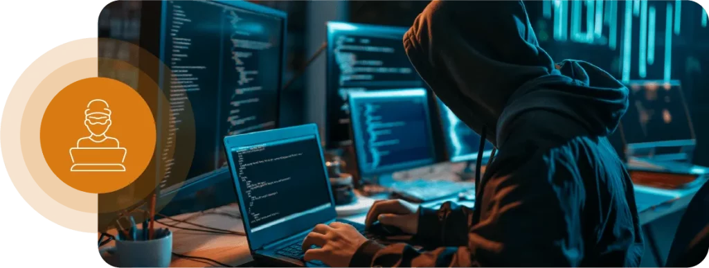Technology-Themed Background Featuring An Orange Icon On The Left Hand Side, With A Person Within The Icon On A Computer