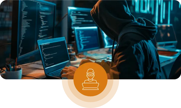Technology-Themed Background Featuring An Orange Icon At The Bottom Center, With A Person Within The Icon On A Computer