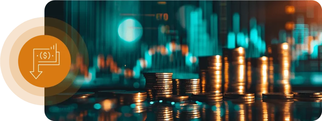 Background Of Stacked Coins Featuring An Orange Icon On The Left Hand Side, With A Stack Of Money With An Arrow Pointing To The Bottom Left.