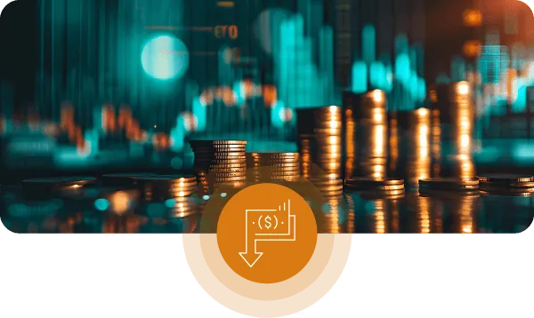 Background Of Stacked Coins Featuring An Orange Icon At The Bottom Center, With A Stack Of Money With An Arrow Pointing To The Bottom Left.