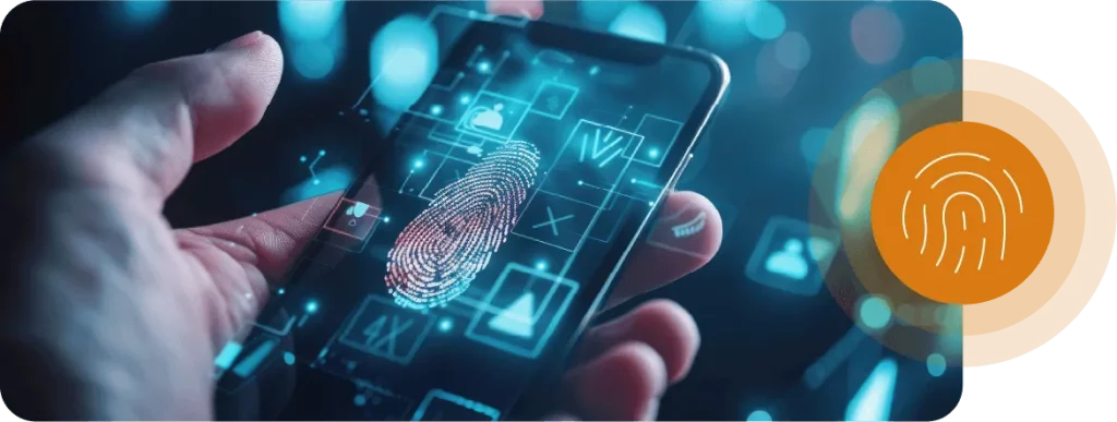 Fingerprint On Cellphone Background Featuring An Orange Icon On The Right Hand Side , With A White Fingerprint Within The Icon