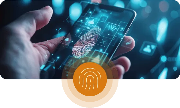 Fingerprint On Cellphone Background Featuring An Orange Icon At The Bottom Center, With A White Fingerprint Within The Icon