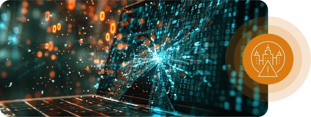 Shattered Laptop Screen Background Featuring An Orange Icon On The Right Hand Side, With A Three Buildings In White Connected To Each Other With A Caution Icon As Well
