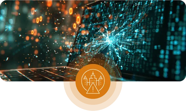 Shattered Laptop Screen Background Featuring An Orange Icon At The Bottom Center, With A Three Buildings In White Connected To Each Other With A Caution Icon As Well