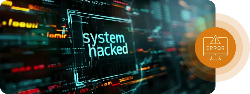 Technology-Themed Background Featuring An Orange Icon At The Right Hand Side Of The Image, With A White Computer Icon Inside It And An Error Icon Displayed Within The Computer
