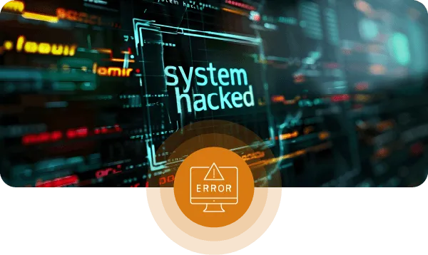 Technology-Themed Background Featuring An Orange Icon At The Bottom Center, With A White Computer Icon Inside It And An Error Icon Displayed Within The Computer
