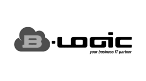 Logo de B-Logic en escala de grises sobre un fondo transparente