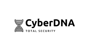 Logo de Cyber Dna en escala de grises sobre un fondo transparente