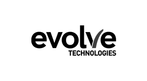 Logo de Evolve Tech en escala de grises sobre un fondo transparente