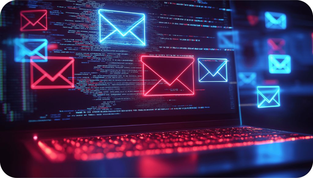 Sendmarc Domain Checker Privacy Rating Example With Emails Flying Out Of A Laptop In The Background
