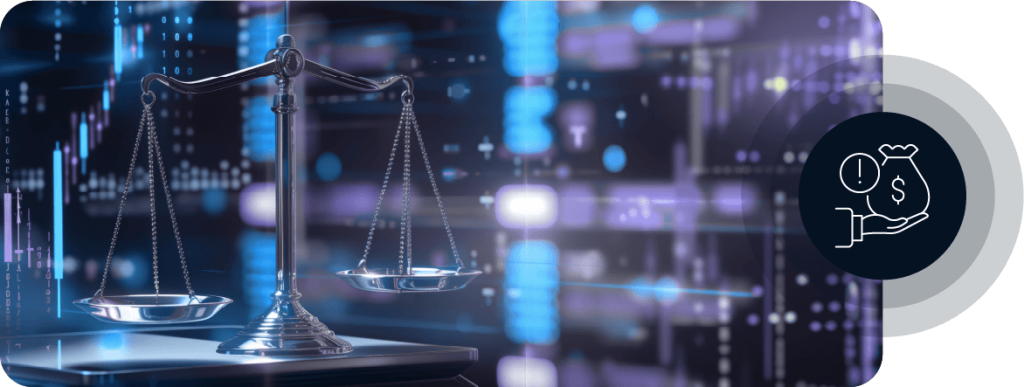 Scales Of Justice In The Background With A Dark Blue Icon Of A Hand Holding A Bag Of Money And An Exclamation Mark Inside A Circle To The Left Of The Bag To The Right Of The Image