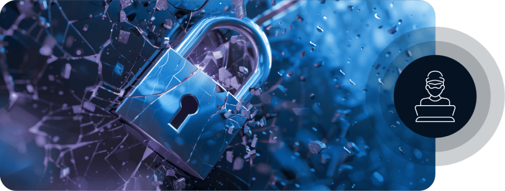 A Lock Shattering Glass, With A Dark Blue Circle And Shadows Behind It, Featuring The White Outline Of A Person On A Computer In The Centre The Icon