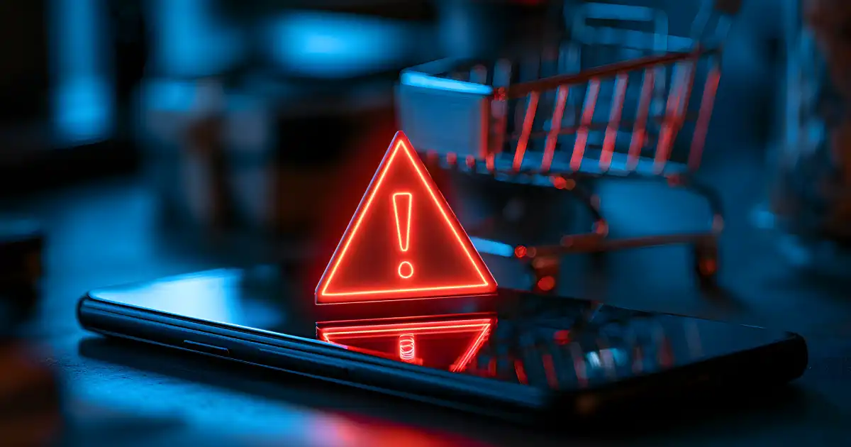 Illuminated red warning triangle with an exclamation mark reflected on a smartphone screen, with a shopping cart blurred in the background