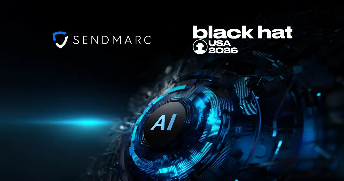Sendmarc And Black Hat Usa 2026 Logos On A Ai Cyber Themed Background