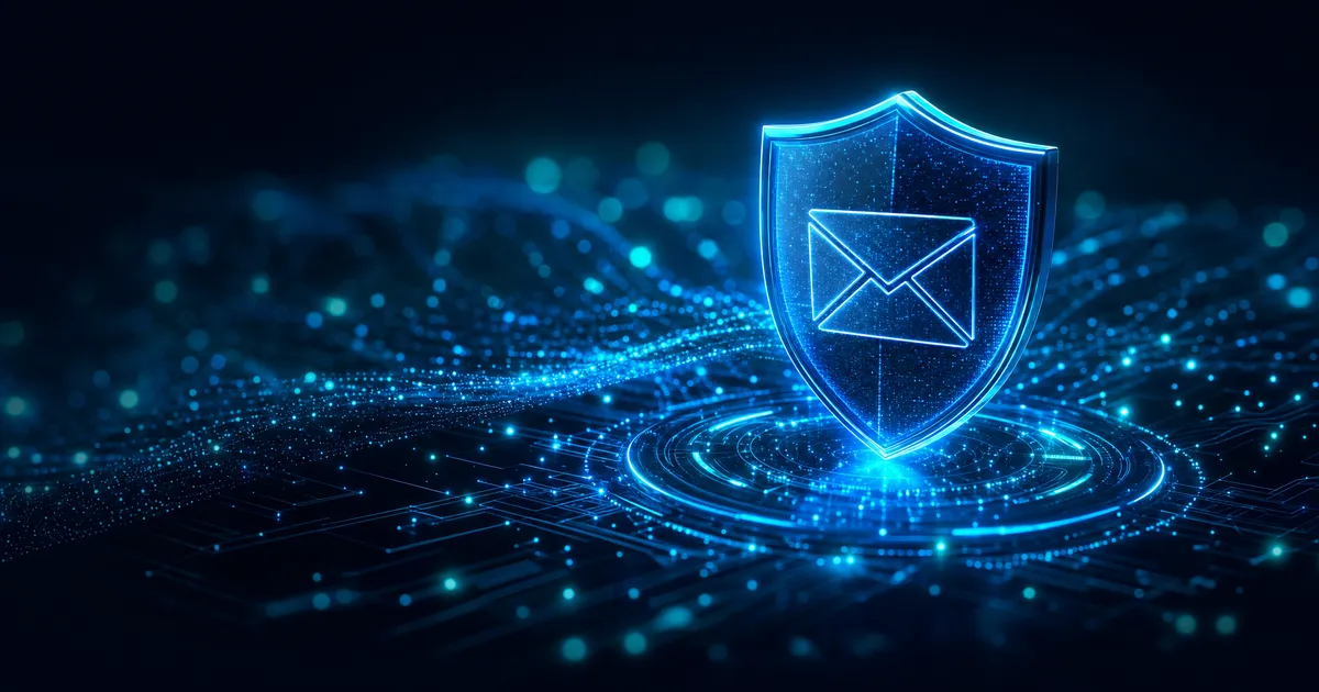 Digital Shield With An Email Icon Over A Blue Cyber Network Background
