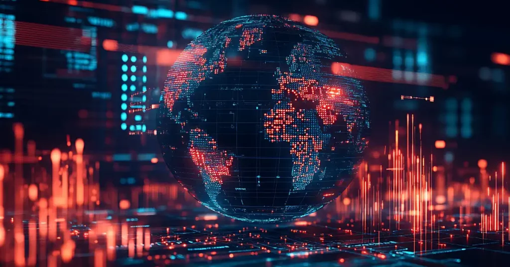 Un globo terráqueo digital rojo y azul oscuro flotando en el ciberespacio