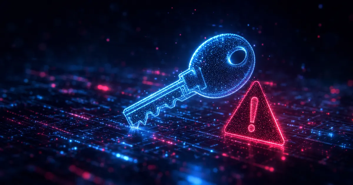 A glowing digital key next to a red warning triangle on a dark cyber background