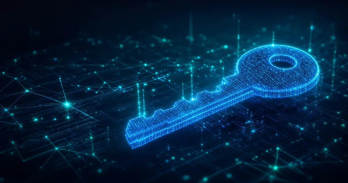 Digital Key Made Of Binary Code Over A Blue Cyber Network Background