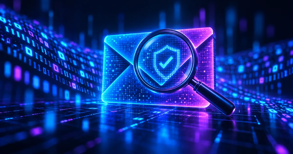 A glowing envelope viewed through a magnifying glass that shows a shield with a checkmark, surrounded by streams of digital data