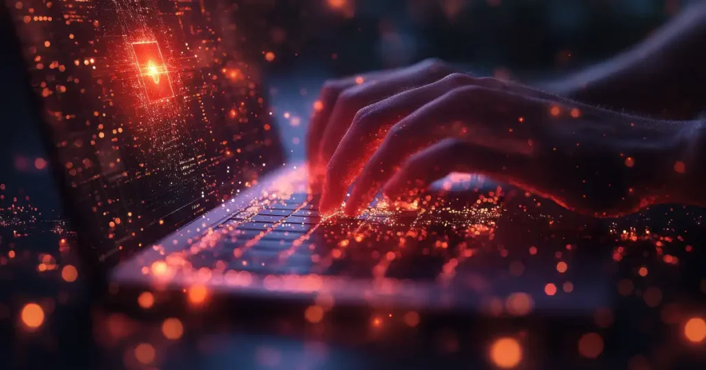 Hands Typing On A Laptop With Red Glows Floating Around