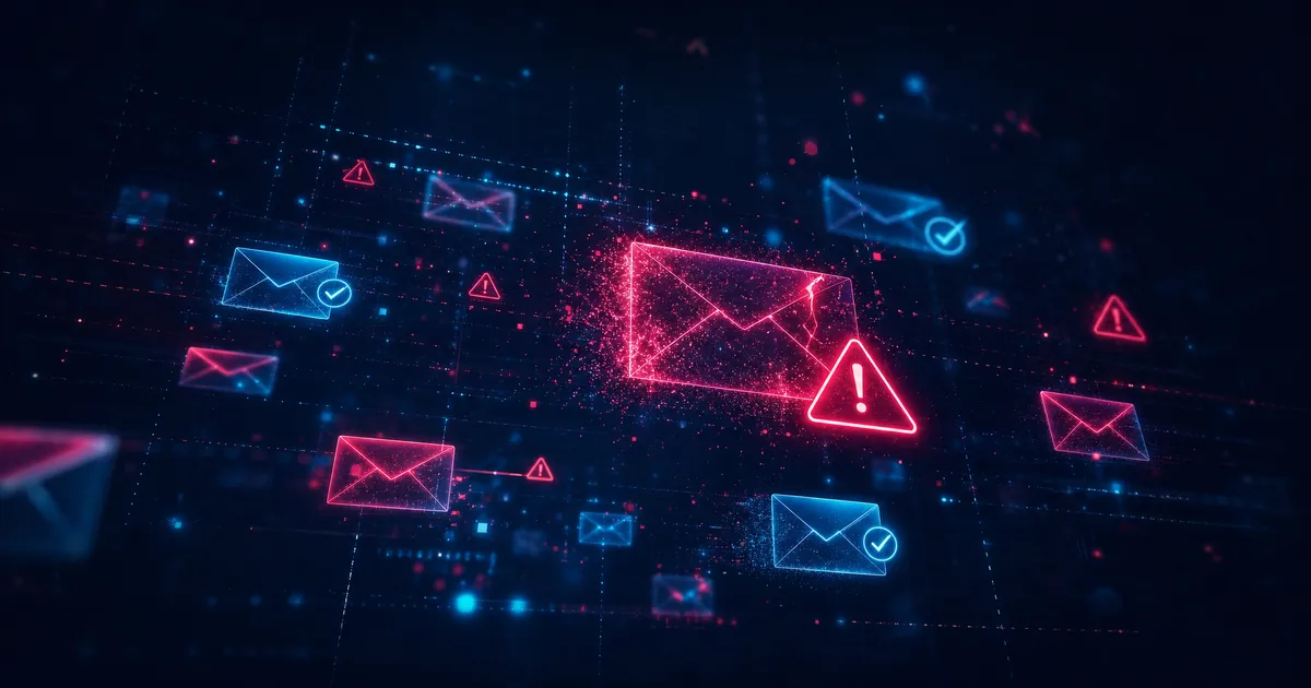 Ilustración digital que representa fallos de autenticación DMARC en verificaciones de SPF, DKIM, subdominios y reenvío