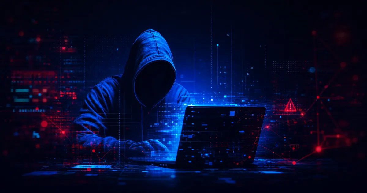 Hooded Hacker Typing On A Laptop With Red Warning Icons Over A Blue Cyber Background