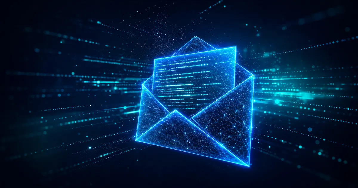 Glowing digital envelope made of data lines and points, streaked with light trails, representing email in transit