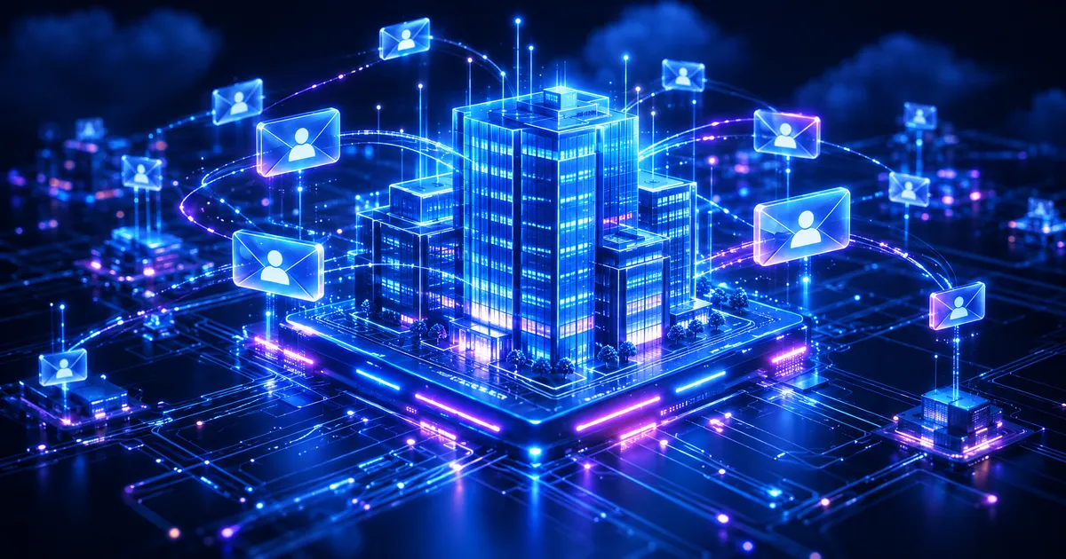 An illuminated enterprise office building surrounded by floating envelope icons connected by glowing data lines