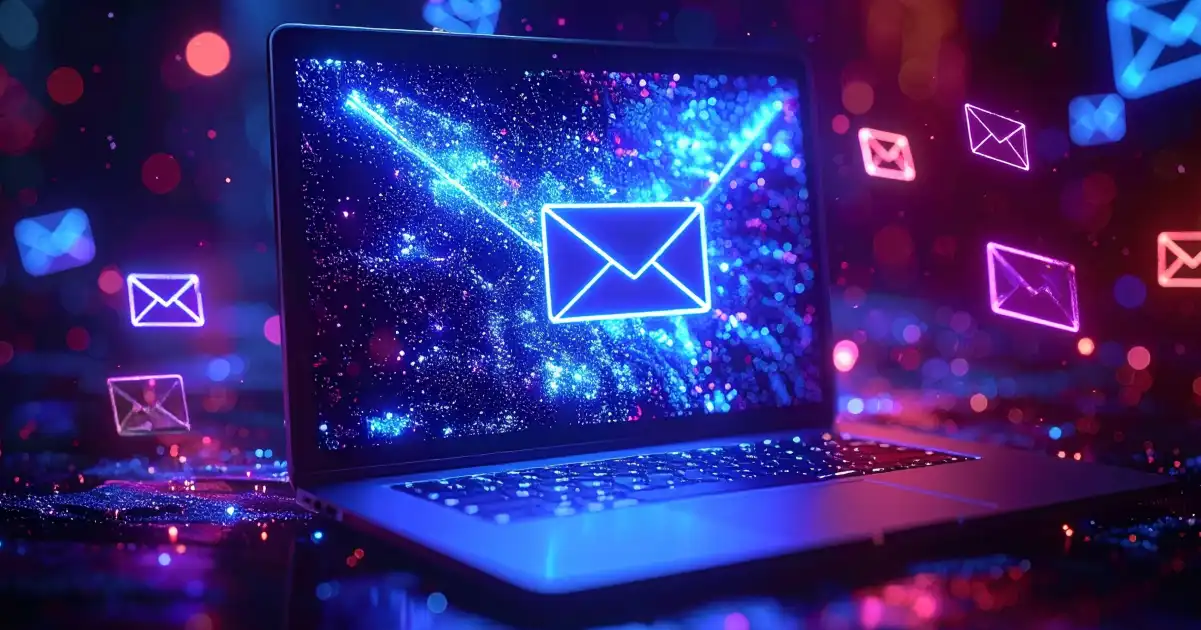 Sobre de correo electrónico azul en la pantalla de un portátil con líneas azules brillantes a su alrededor