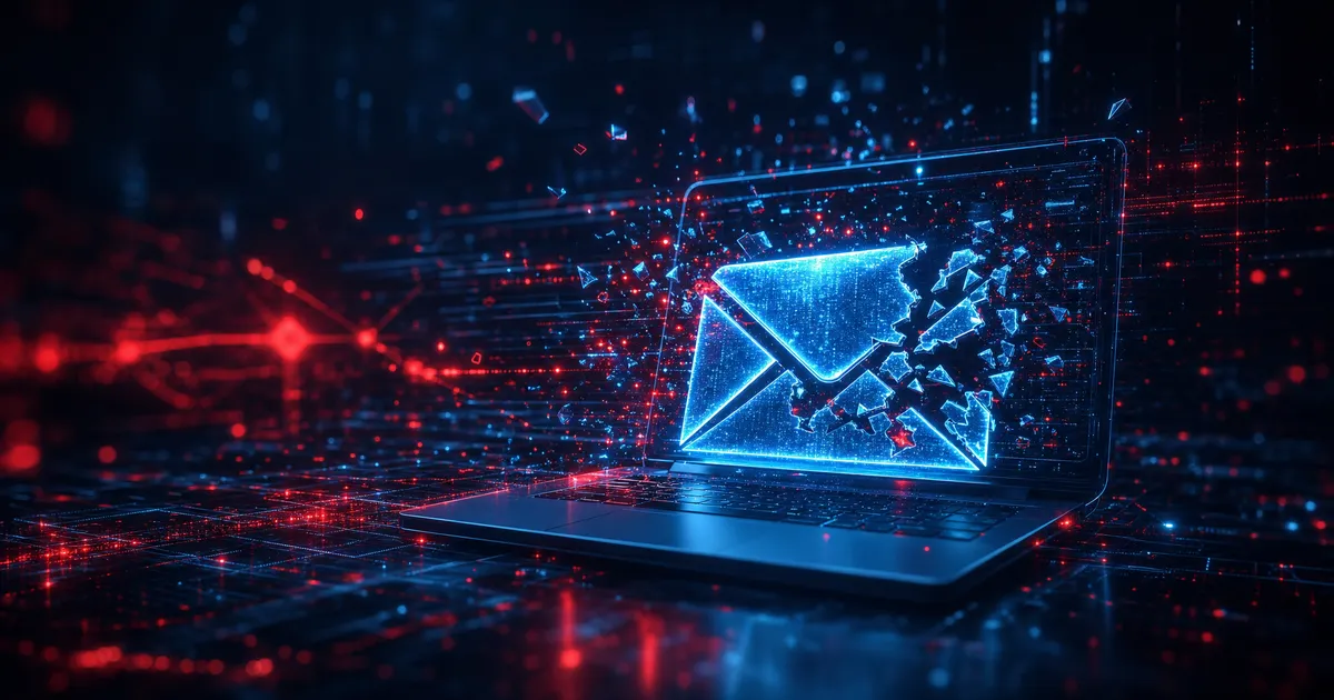 Laptop Displaying A Shattering Digital Email Icon Over A Blue And Red Cyber Background