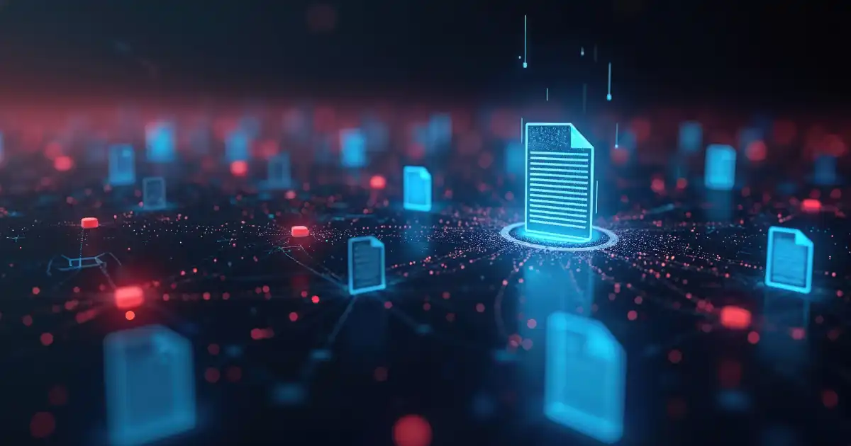 A glowing digital invoice at the centre of a network of smaller documents with red alert points