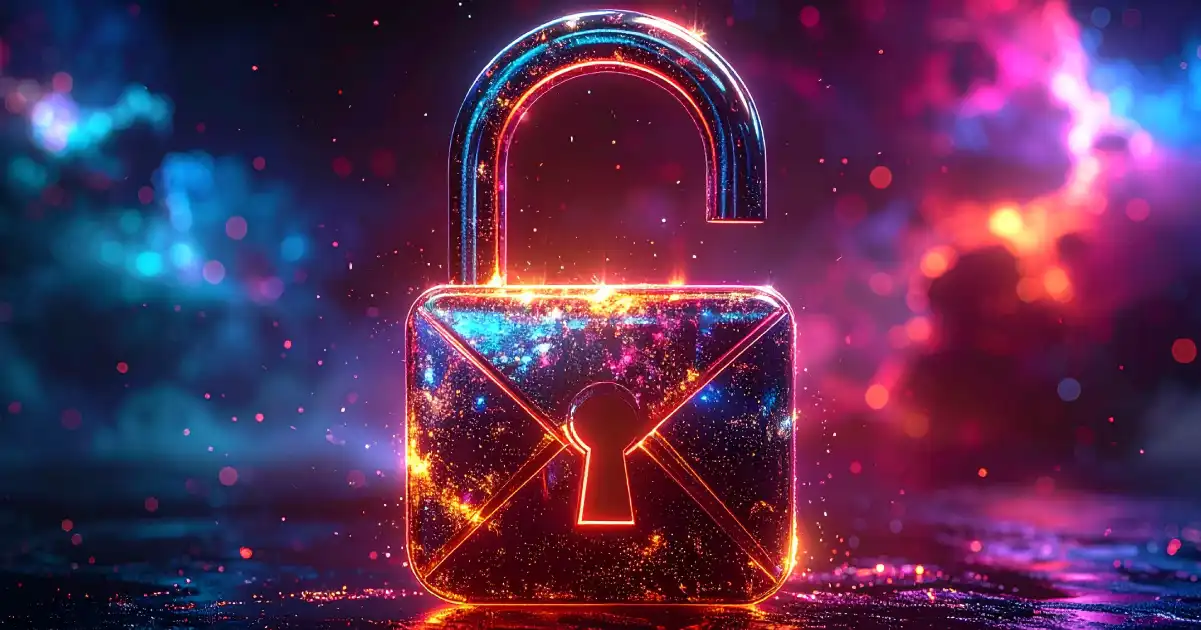 Candado digital de neón brillante desbloqueado en el ciberespacio
