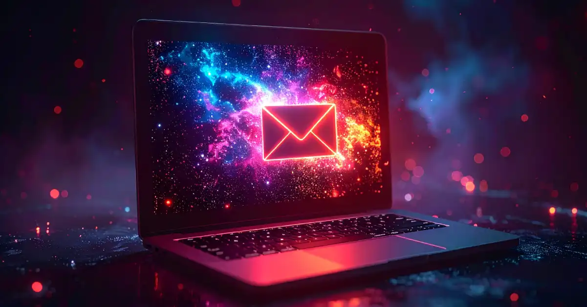 Icono de neón de un sobre de correo electrónico en la pantalla de un portátil