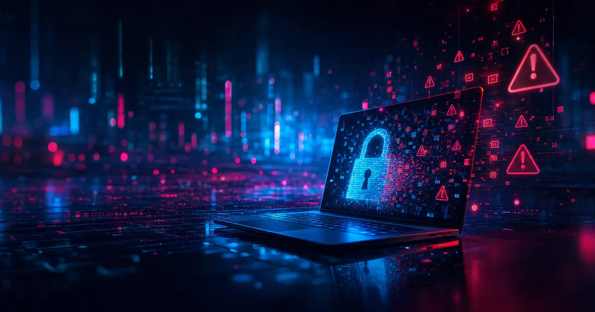 Laptop displaying a digital padlock icon surrounded by red warning alert symbols against a dark blue cyber network background