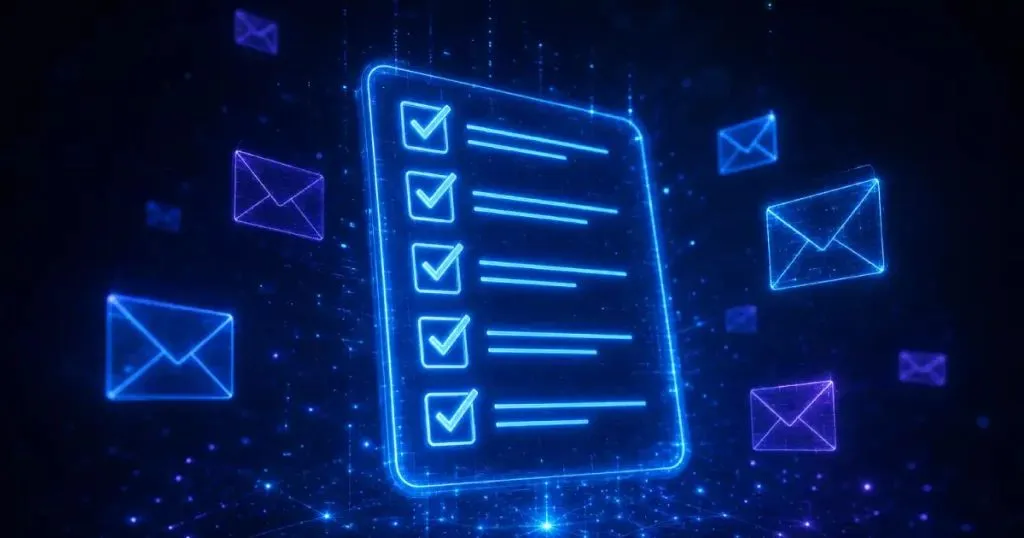 Una lista de verificación digital con iconos de correo electrónico en el ciberespacio