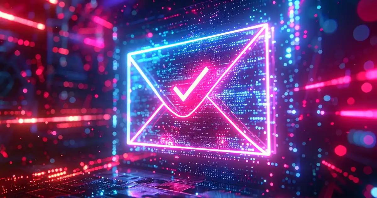 Sobre de neón rosa y azul con una marca de verificación flotando en un entorno digital
