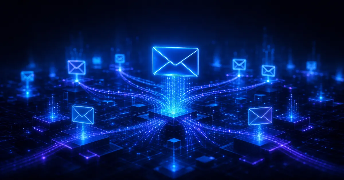 Digital Illustration Of A Central Email Icon Distributing To Multiple Envelope Icons Across A Network Grid