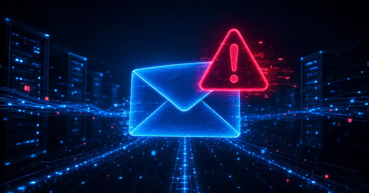 Blue Email Icon In Cyber Space With A Red Alert Sign