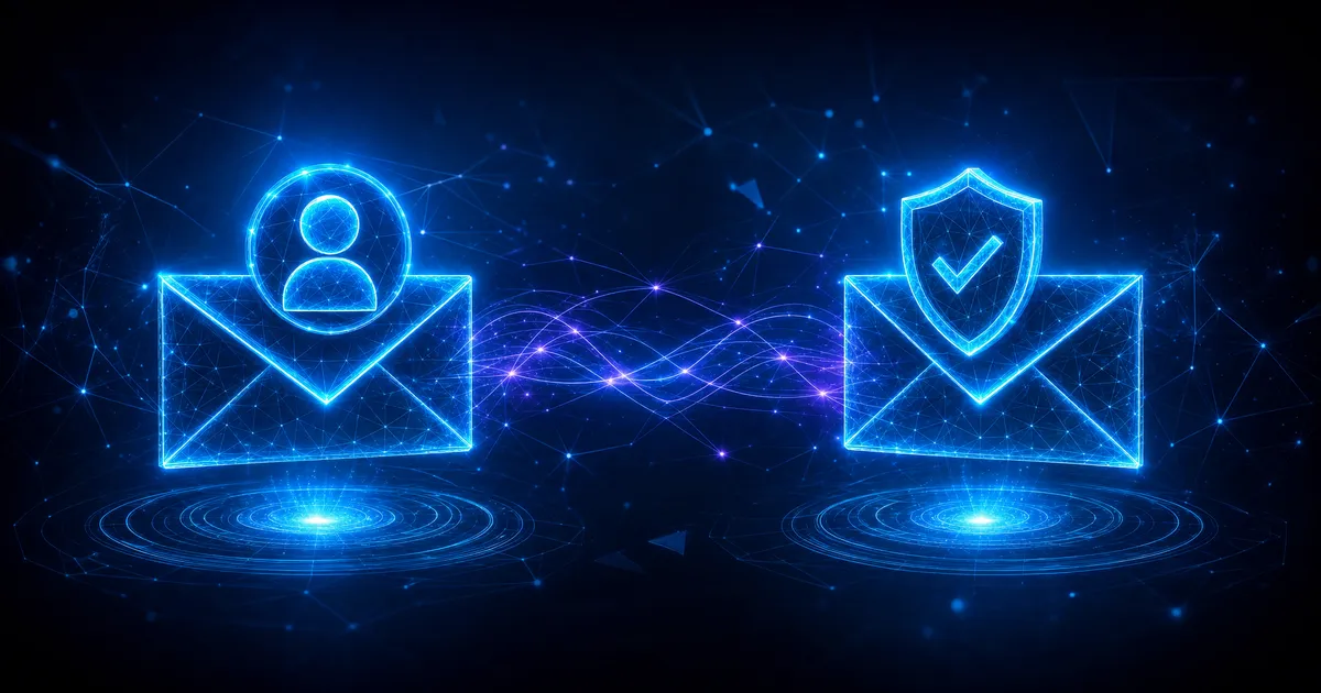 Two glowing envelopes, one marked with a user icon and one with a verified shield, connected by a stream of light
