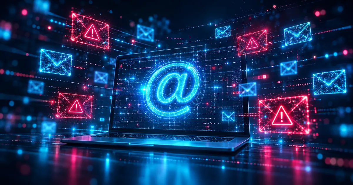 A glowing laptop screen showing an @ symbol, surrounded by floating envelopes, several with red warning triangles