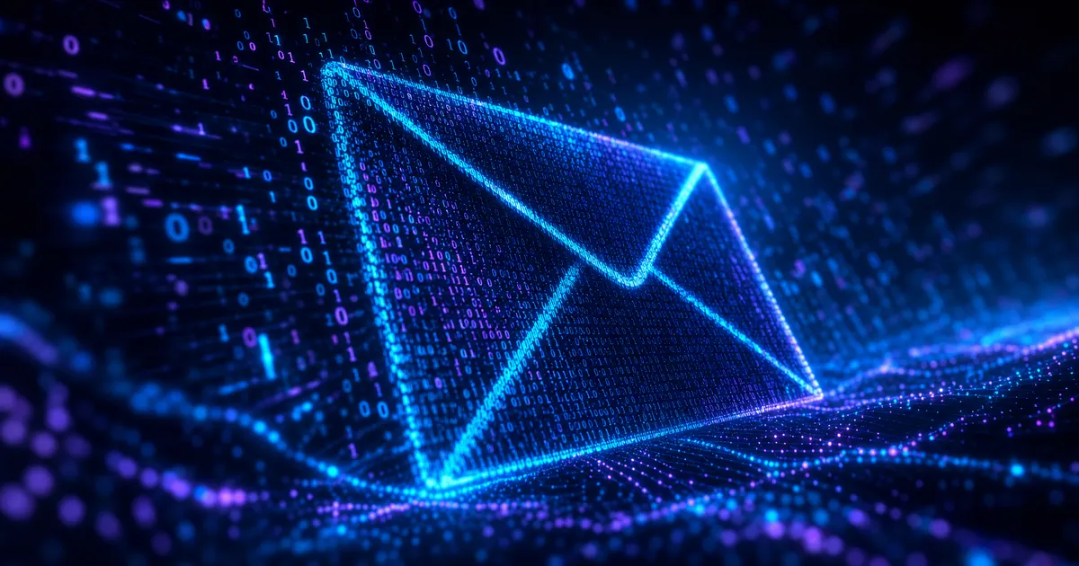 Digital Illustration Of A Glowing Email Envelope Made Of Binary Code In A Cyber Network
