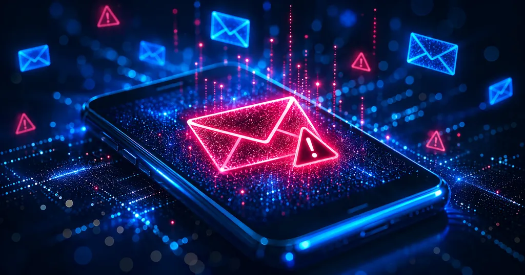 Un teléfono inteligente que muestra un sobre rojo luminoso con un triángulo de advertencia, rodeado de sobres azules flotantes e iconos de alerta
