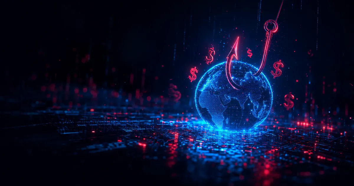 Digital Globe With A Phishing Hook And Dollar Signs In A Cyber Environment