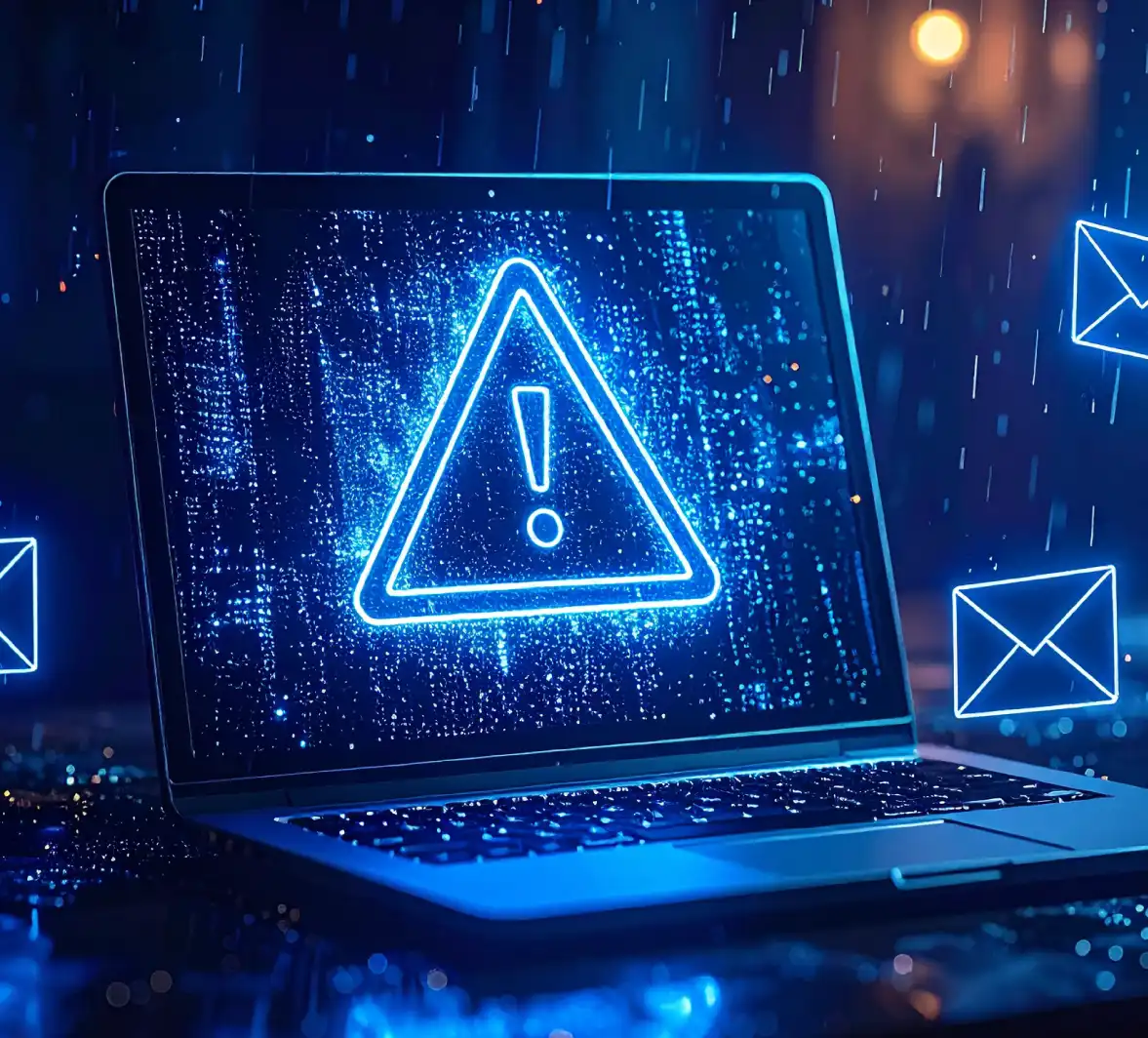 Digital Error Sign On A Laptop Screen With Email Envelope Icons Floating Around It